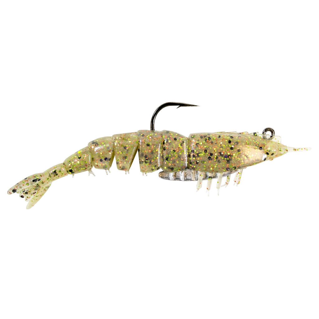 Rigged olive speckled shrimp fishing lure with black hook and clear prong tail