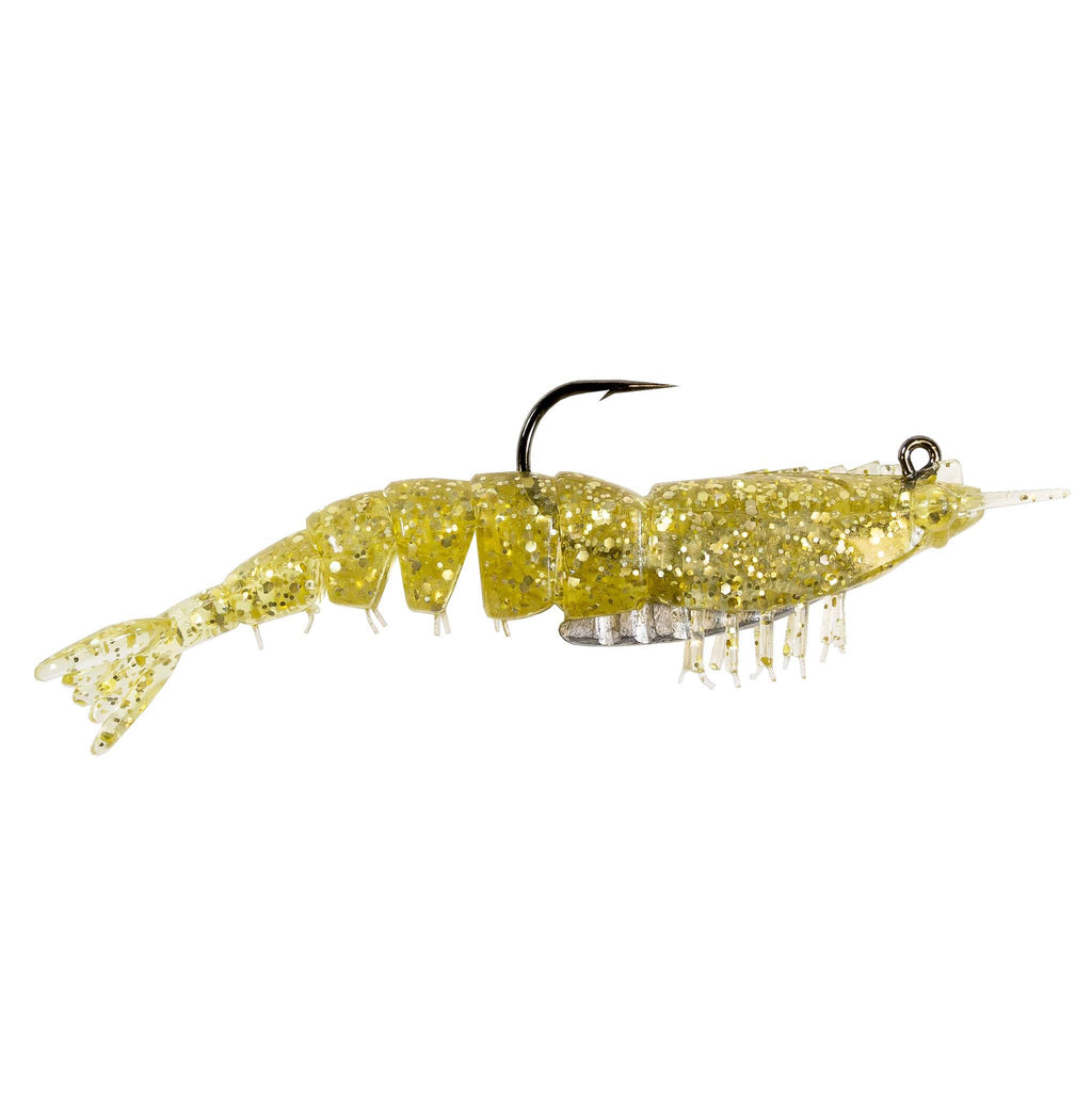 Rigged glittery gold shrimp fishing lure with black hook and clear prong tail