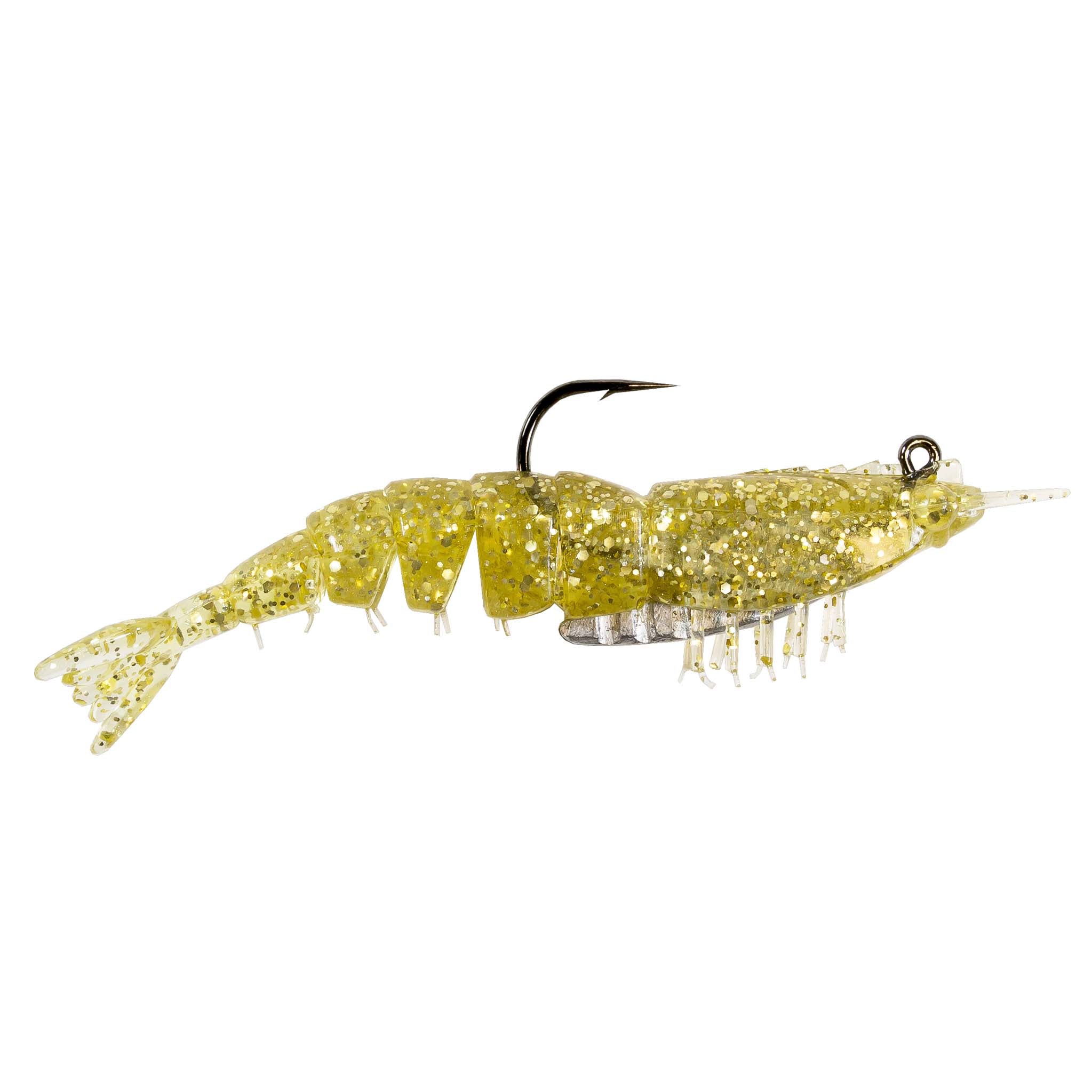 Rigged glittery gold shrimp fishing lure with black hook and clear prong tail