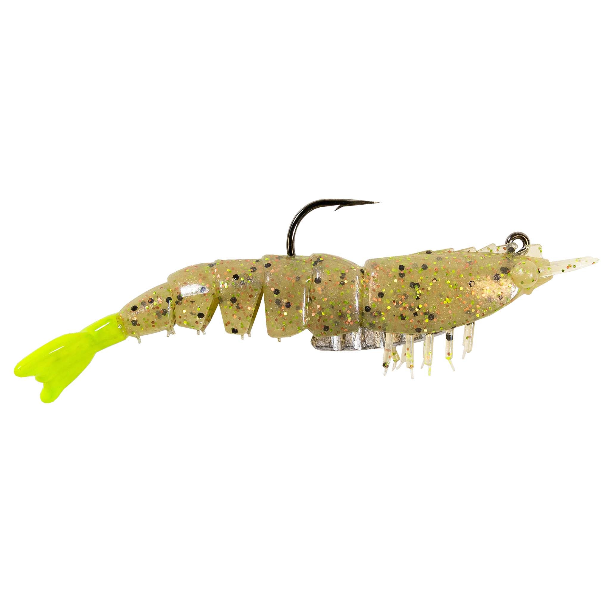 Rigged gold speckled shrimp fishing lure with chartreuse tail and black hook