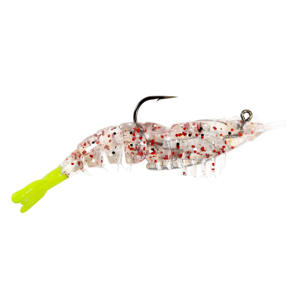 Rigged translucent white shrimp fishing lure with red speckles and black hook