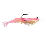 Rigged pink glitter shrimp fishing lure with black hook and clear prong tail