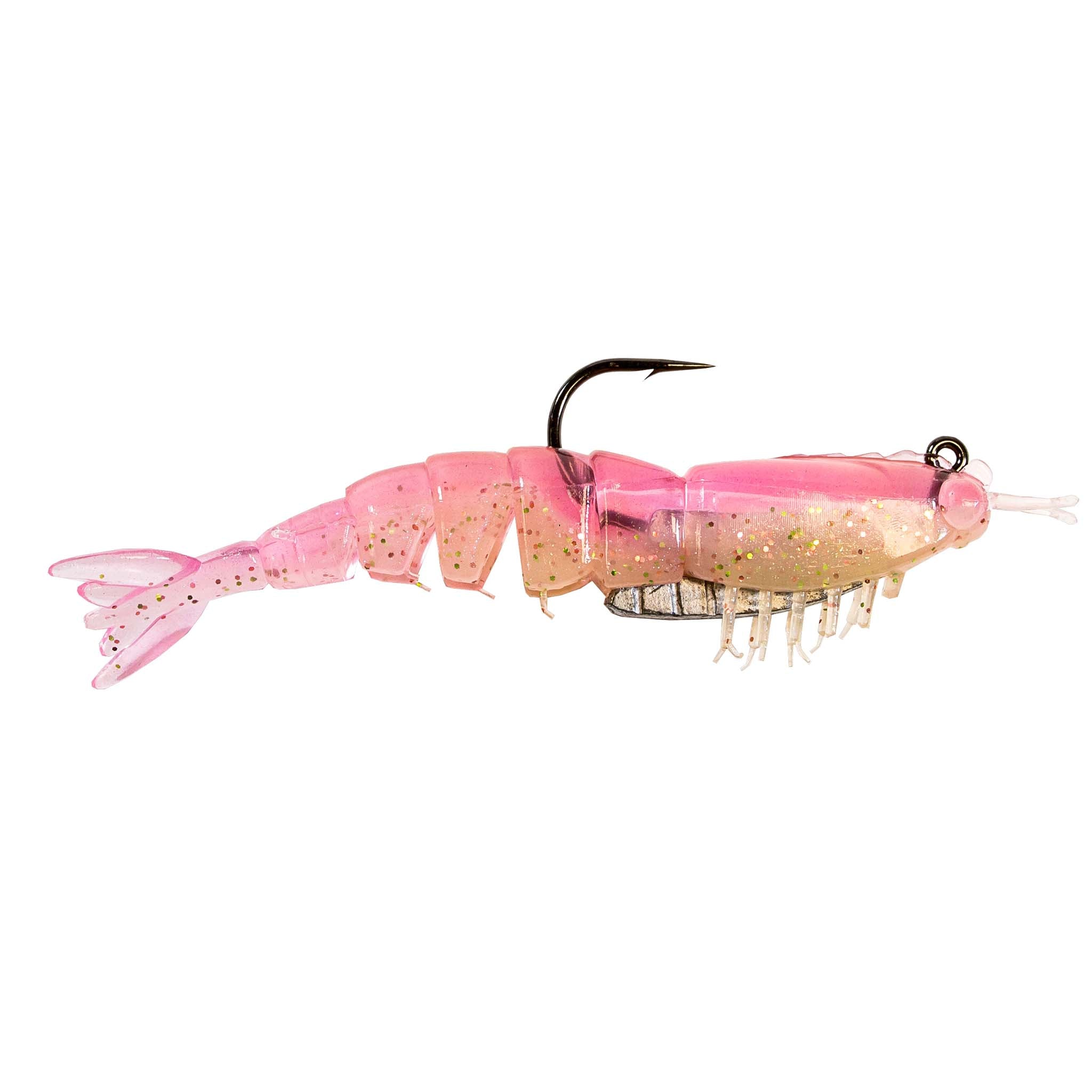 Rigged pink glitter shrimp fishing lure with black hook and clear prong tail