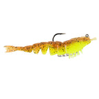 Rigged brown to yellow shrimp fishing lure with black hook and glitter speckles