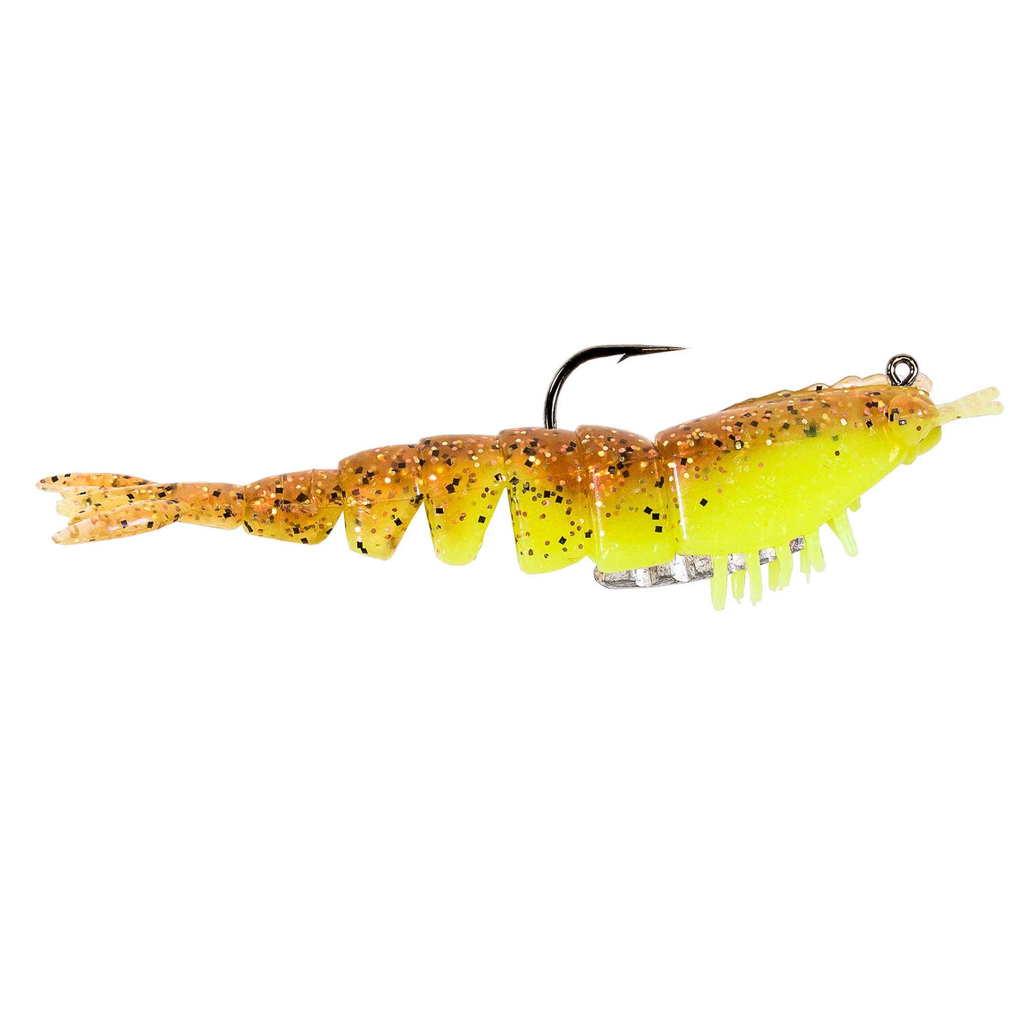 Rigged brown to yellow shrimp fishing lure with black hook and glitter speckles