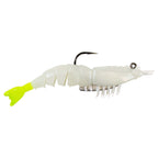 Rigged white shrimp fishing lure with chartreuse tail tip and black hook