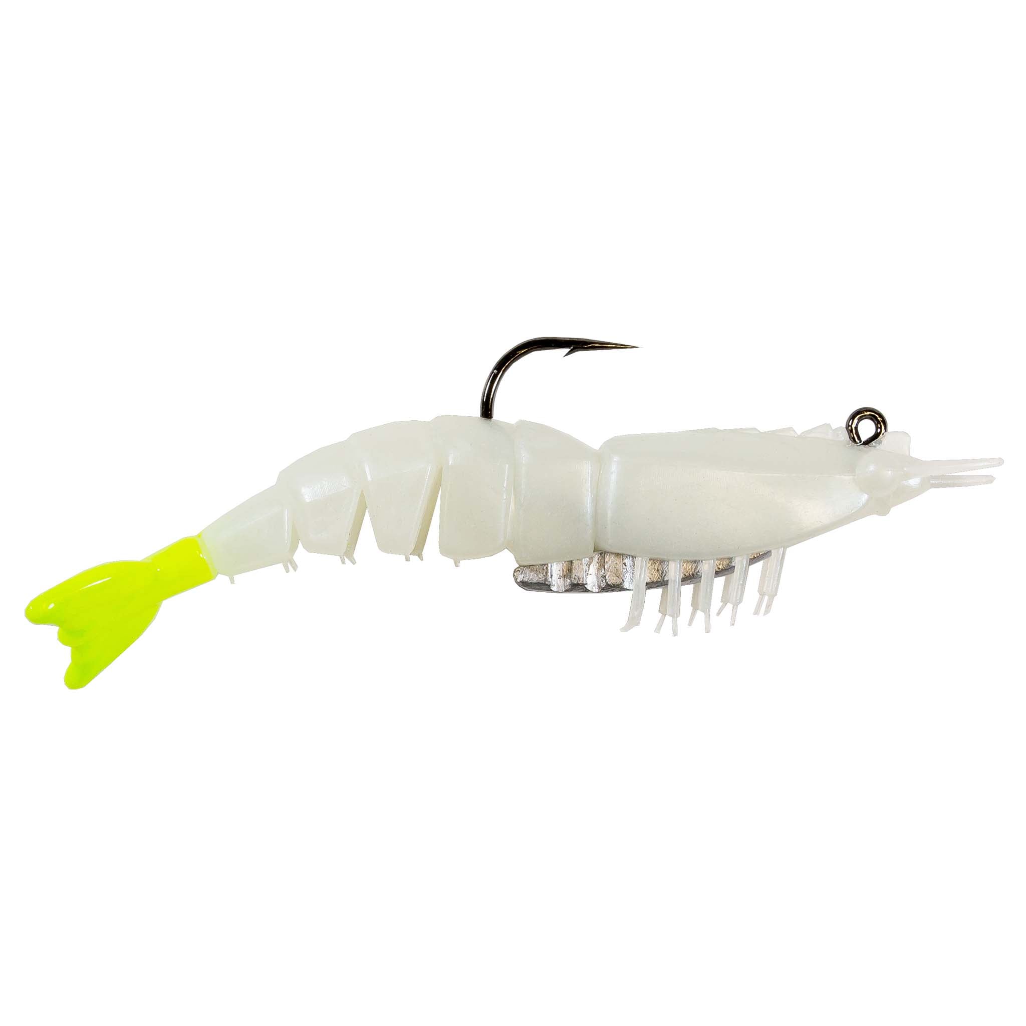 Rigged white shrimp fishing lure with chartreuse tail tip and black hook