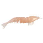 Peach translucent unrigged shrimp lure with segmented body, white legs, and tail fins