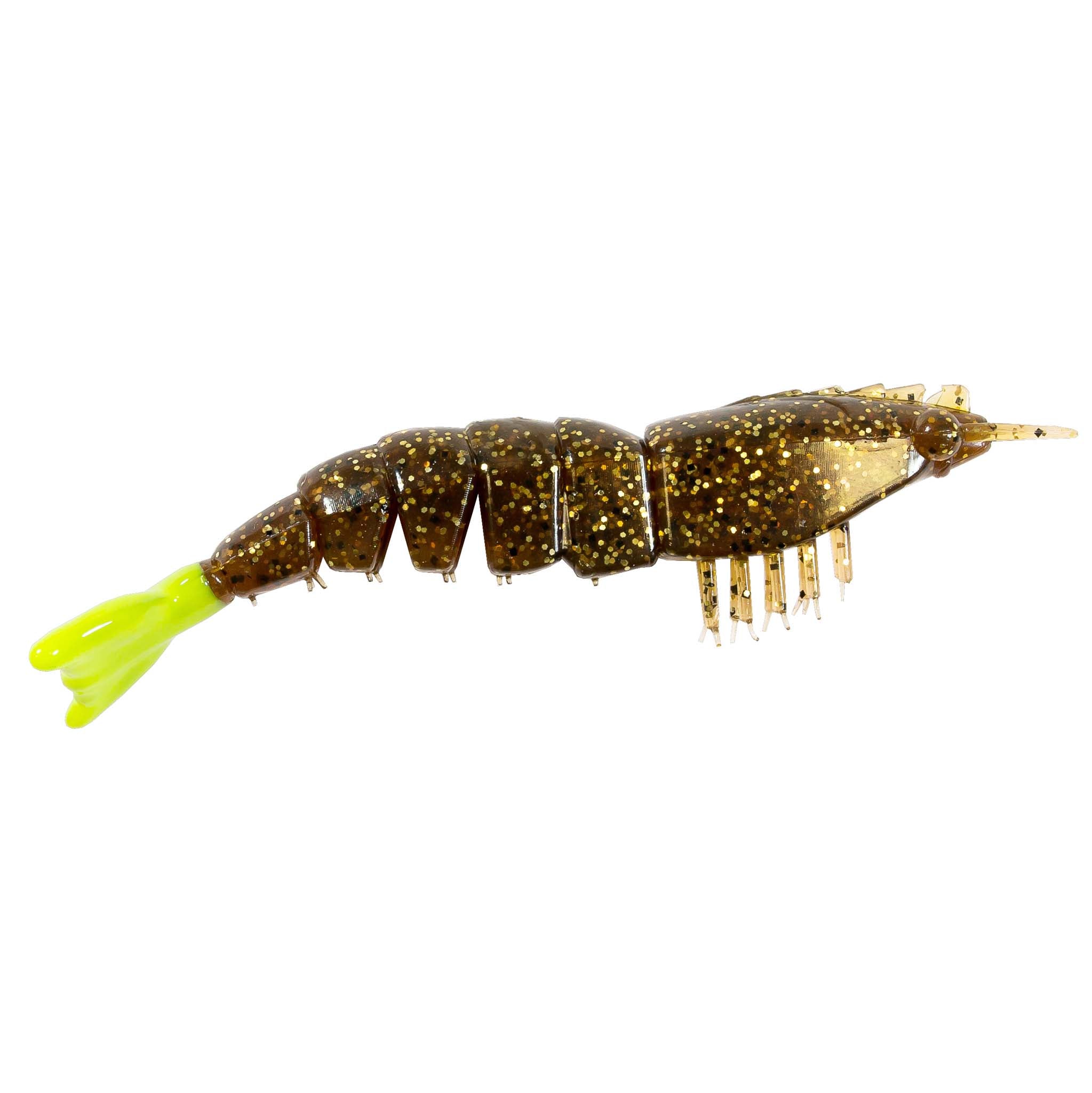 Brown gold glitter unrigged shrimp lure with neon chartreuse tail, white legs, and fins
