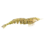 Clear green-gold glitter unrigged shrimp lure with white legs and forked tail fins