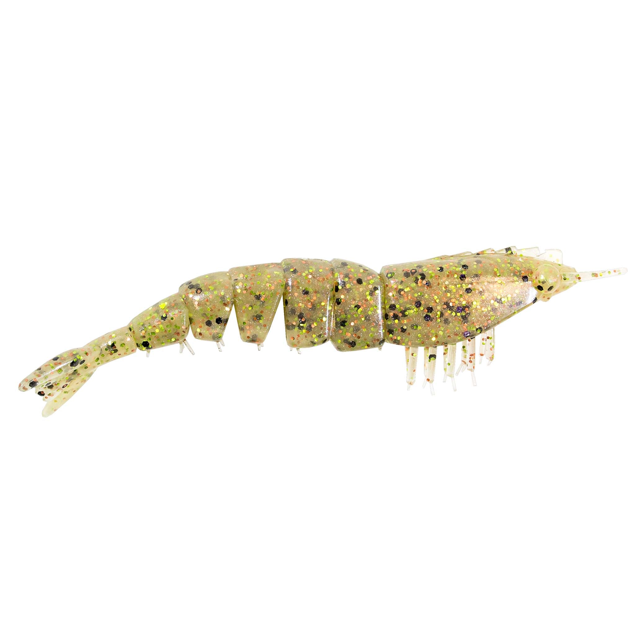 Clear green-gold glitter unrigged shrimp lure with white legs and forked tail fins