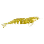Gold glitter unrigged shrimp lure with clear body, white legs, and split tail fins