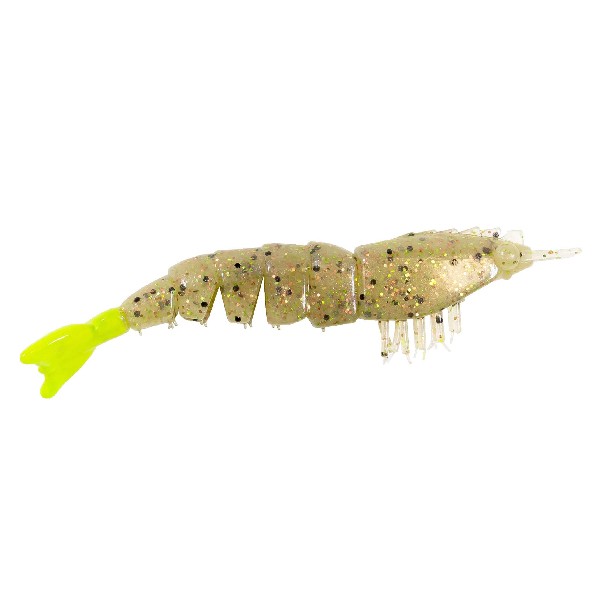 Speckled green-gold unrigged shrimp lure with neon green tail and white legs