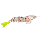 Clear red-speckled unrigged shrimp lure with neon green tail and white legs