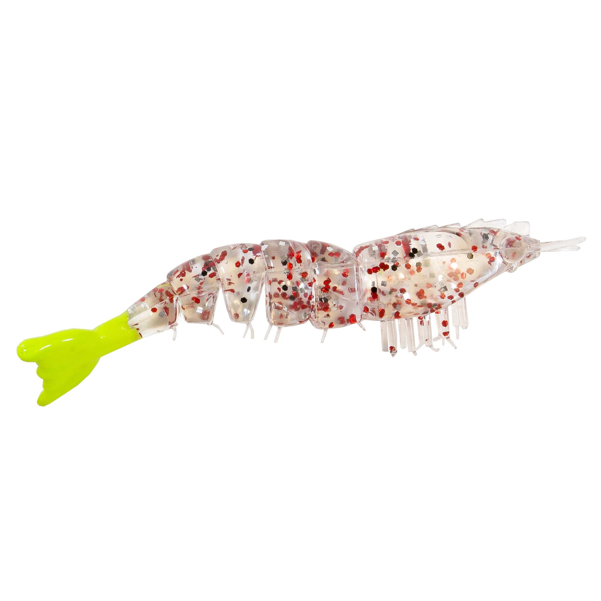 Clear red-speckled unrigged shrimp lure with neon green tail and white legs