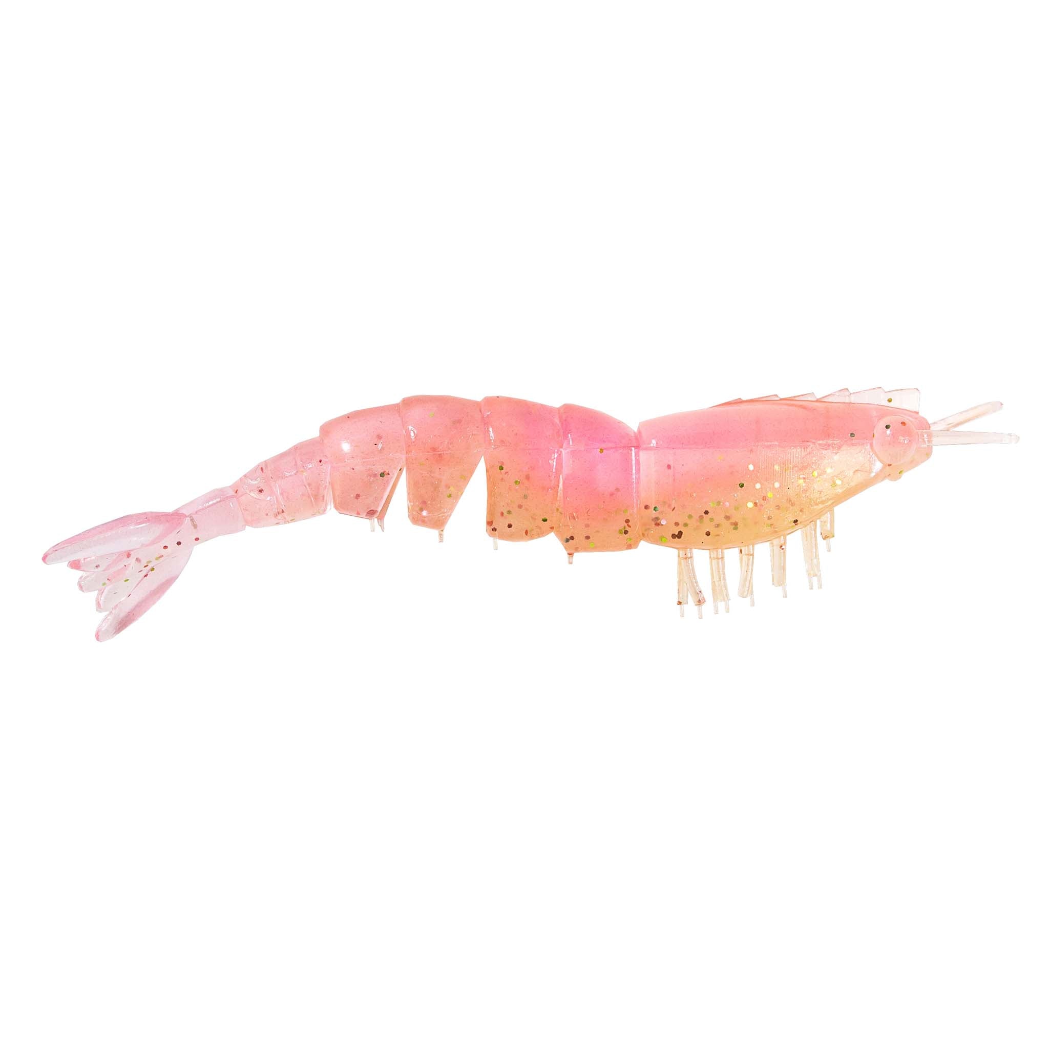 Pink translucent unrigged shrimp lure with glitter spots, white legs, and tail fins