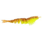 Orange-brown glitter unrigged shrimp lure with neon chartreuse tail and white legs