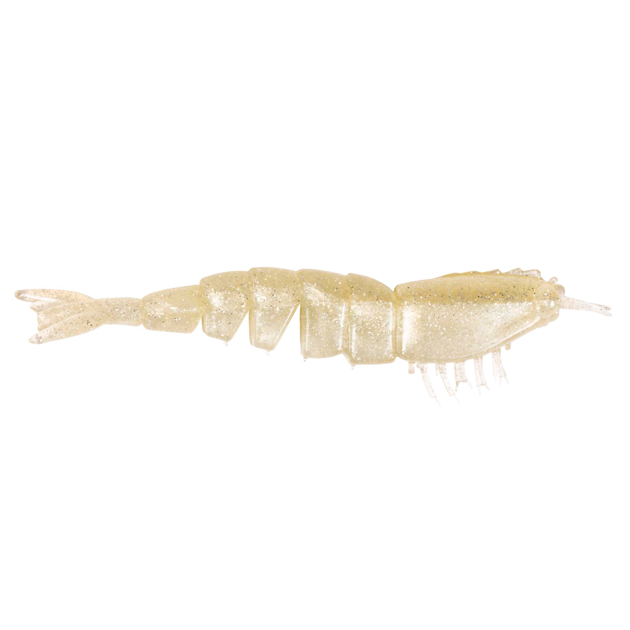 Light cream glitter unrigged shrimp lure with white legs and forked tail fins