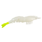 Unrigged soft shrimp lure with pale white body and bright chartreuse green tail
