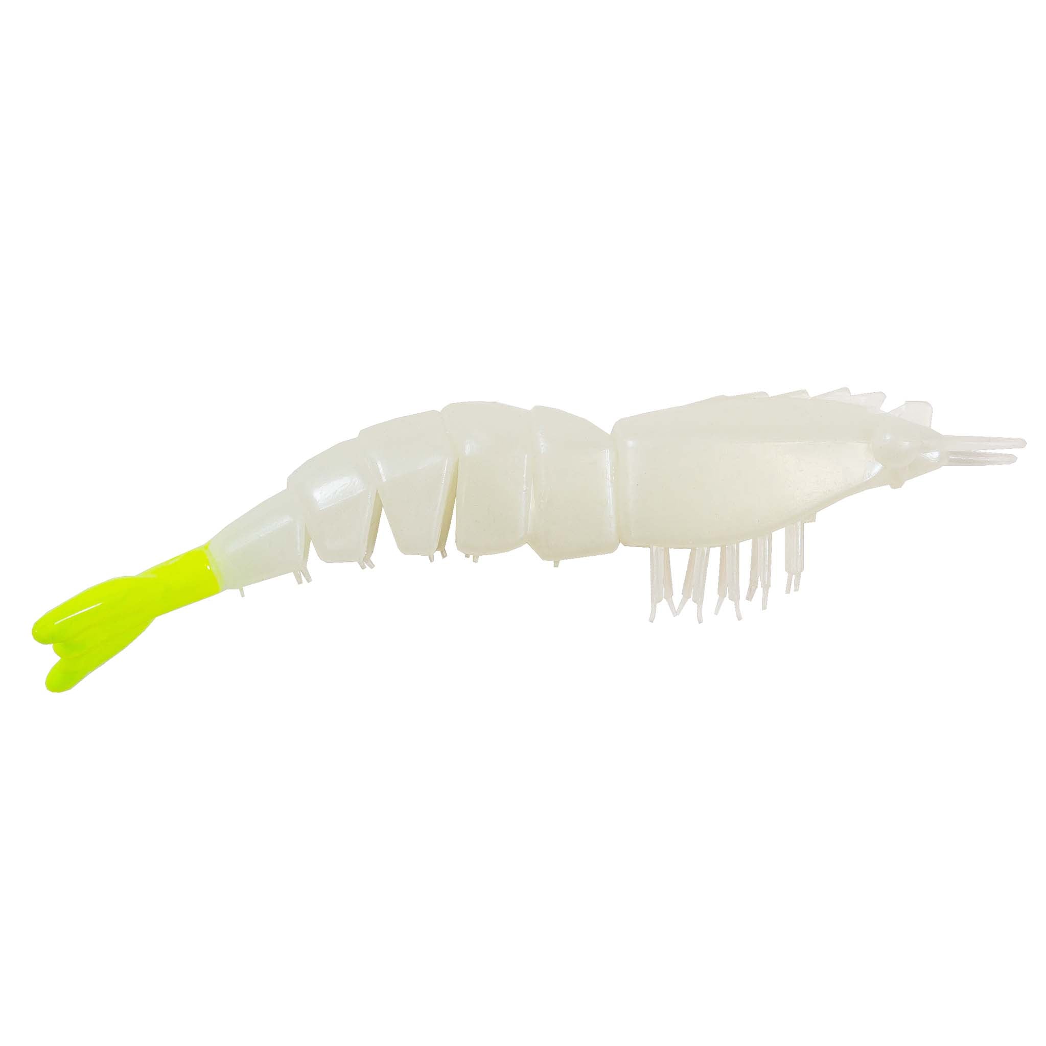 Unrigged soft shrimp lure with pale white body and bright chartreuse green tail