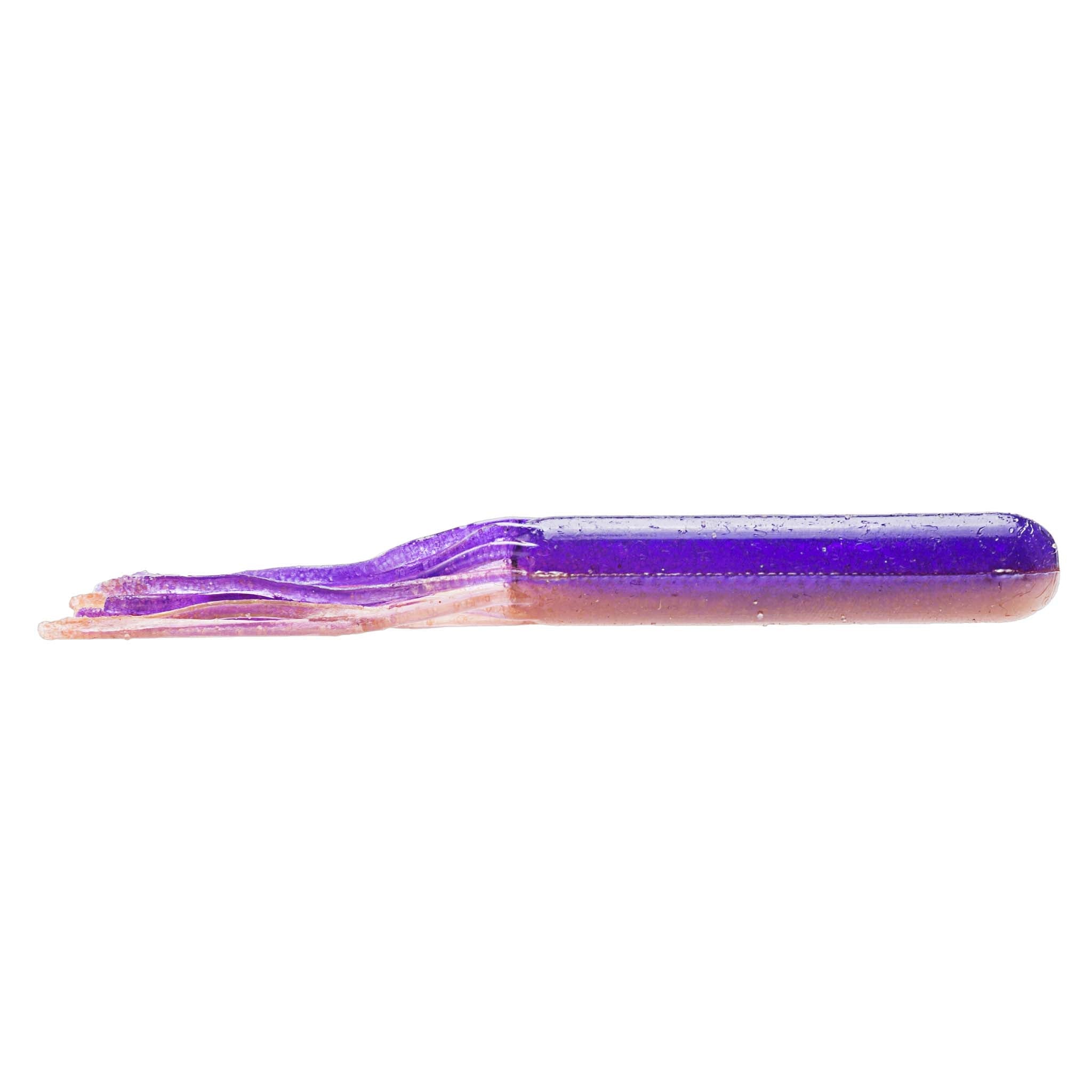 Purple sparkly soft plastic tube lure with translucent pink tail strands