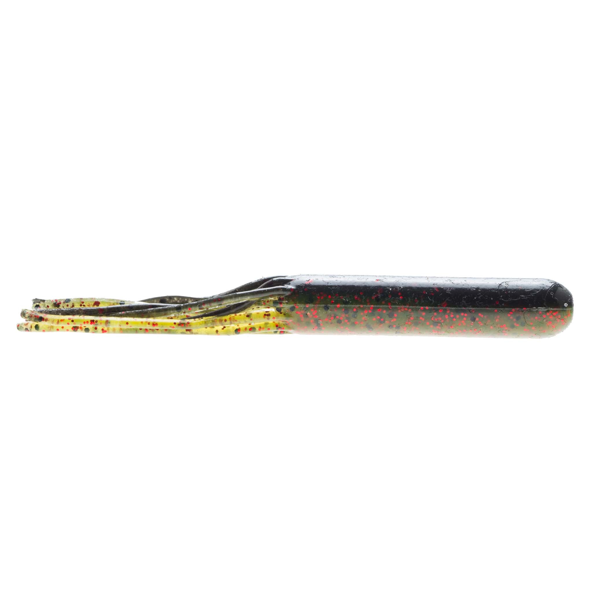 Dark blue-black soft plastic tube lure with yellow-green tail and speckled details