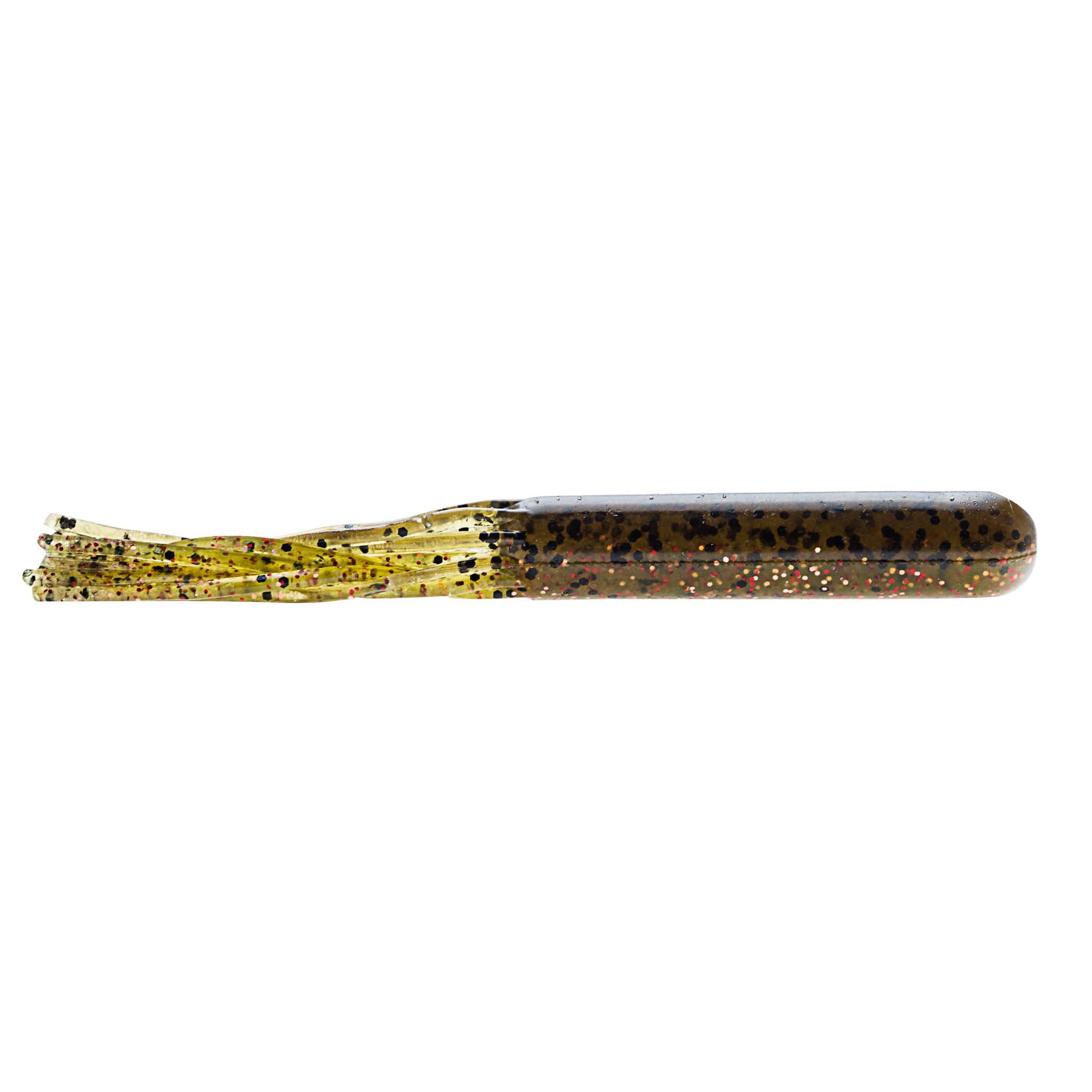 Green-gold speckled soft plastic tube lure with dark back and slim tail
