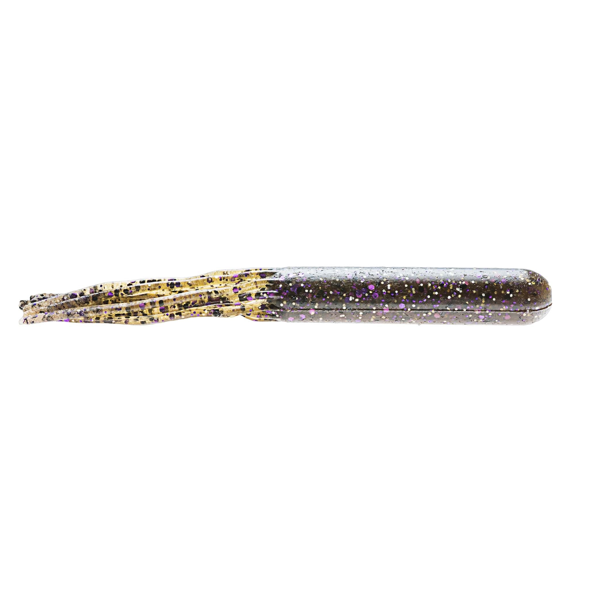 Speckled dark purple/black soft plastic tube lure with patterned body and slender tail