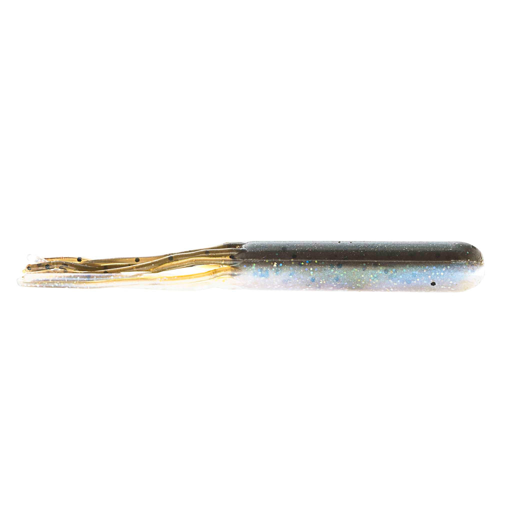 Sparkly gray-blue soft plastic tube lure with thin gold tail strand