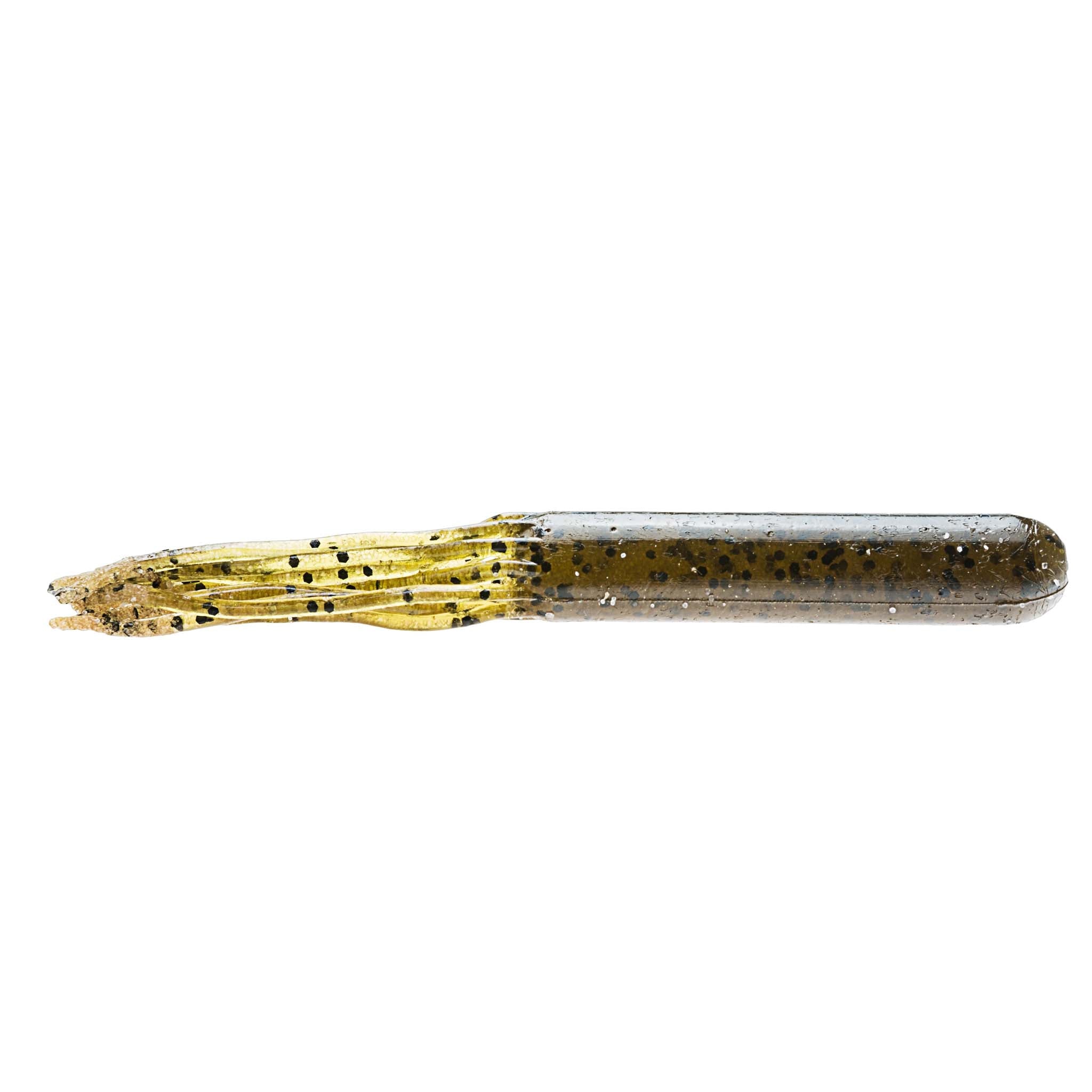 Gold-olive speckled soft plastic tube lure with tapering tail and dark spots