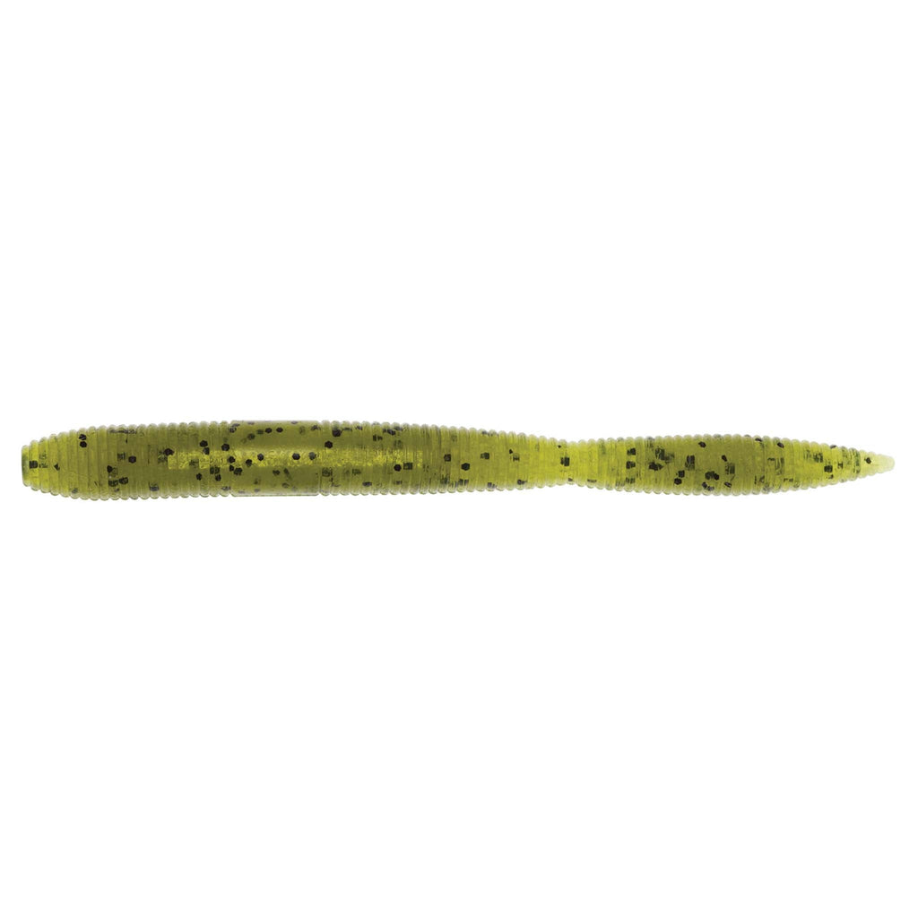 Soft plastic fishing lure in bright chartreuse green with dark speckles