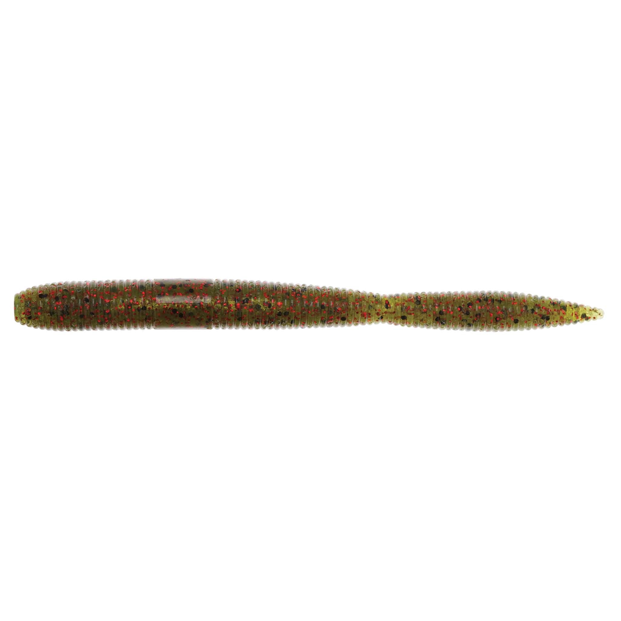 Soft plastic fishing lure in dark brown with dense speckled pattern