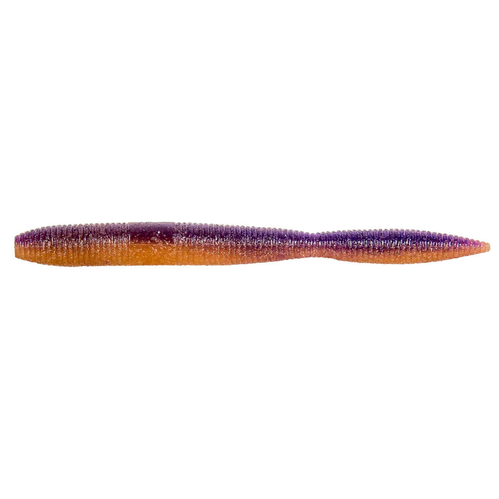Soft plastic fishing lure with orange body and purple-tinted top