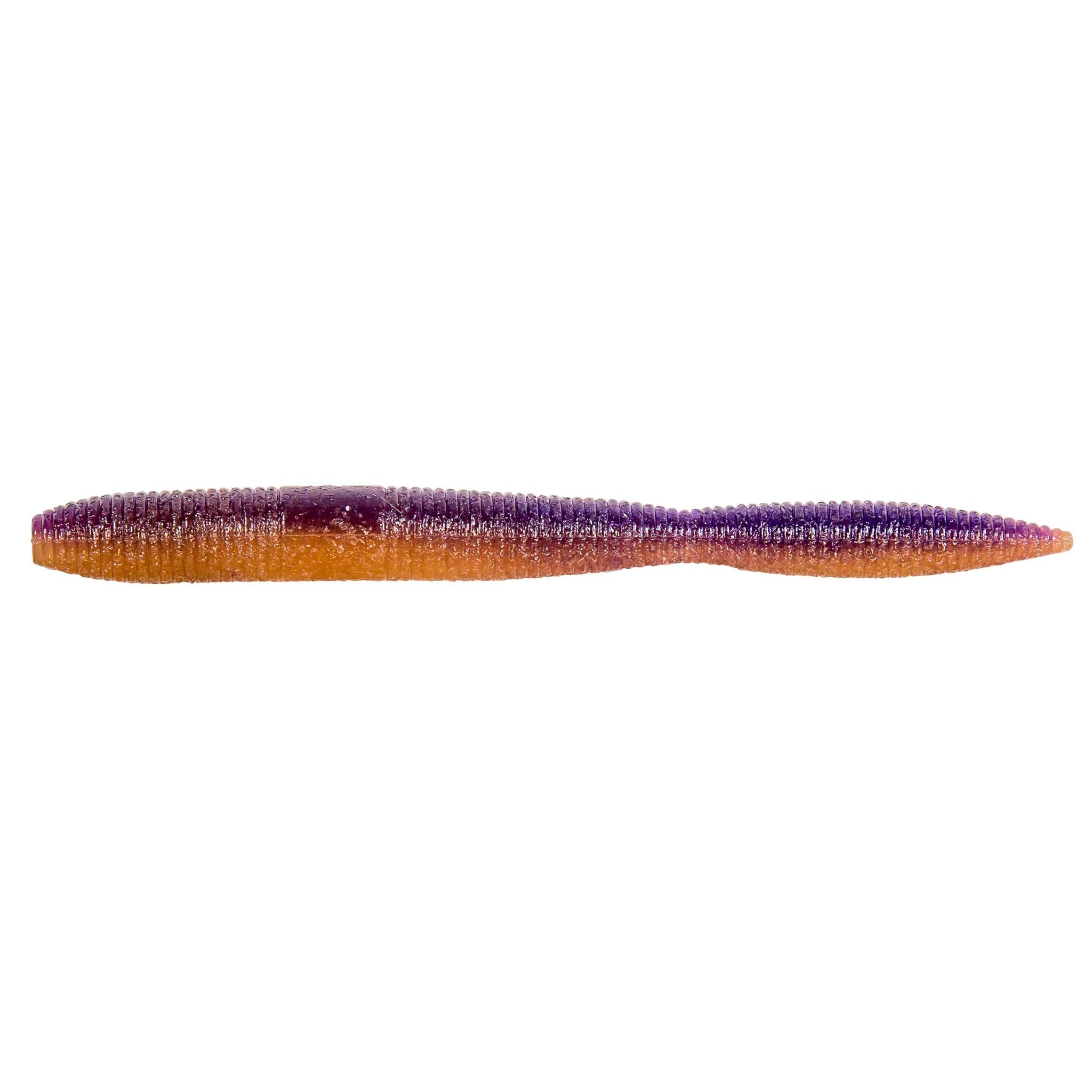 Soft plastic fishing lure with orange body and purple-tinted top
