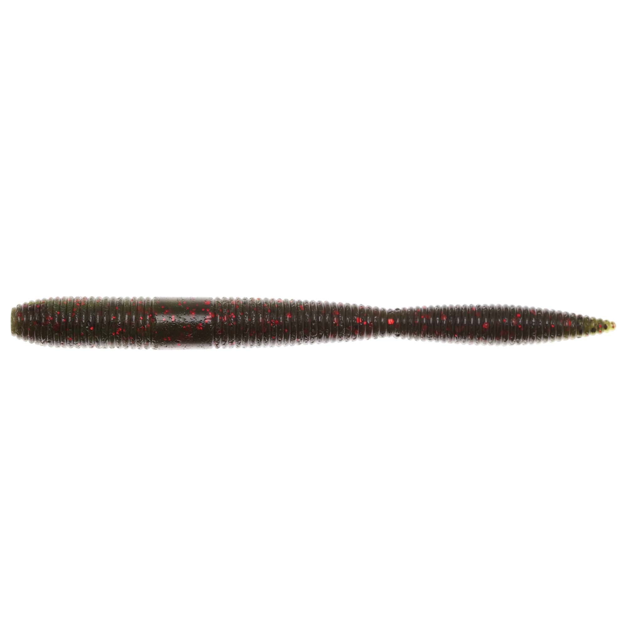 Soft plastic fishing lure in near-black with red speckles