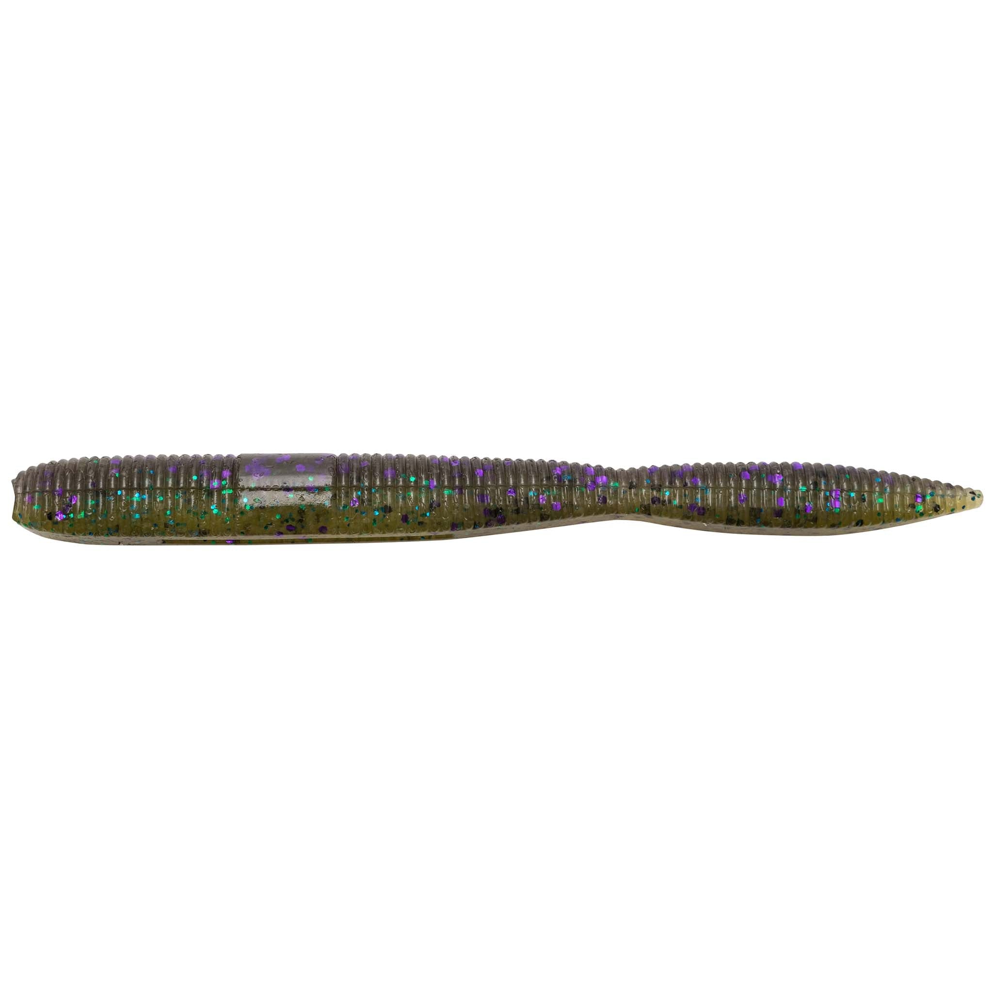 Soft plastic fishing lure in iridescent green with purple-blue flecking