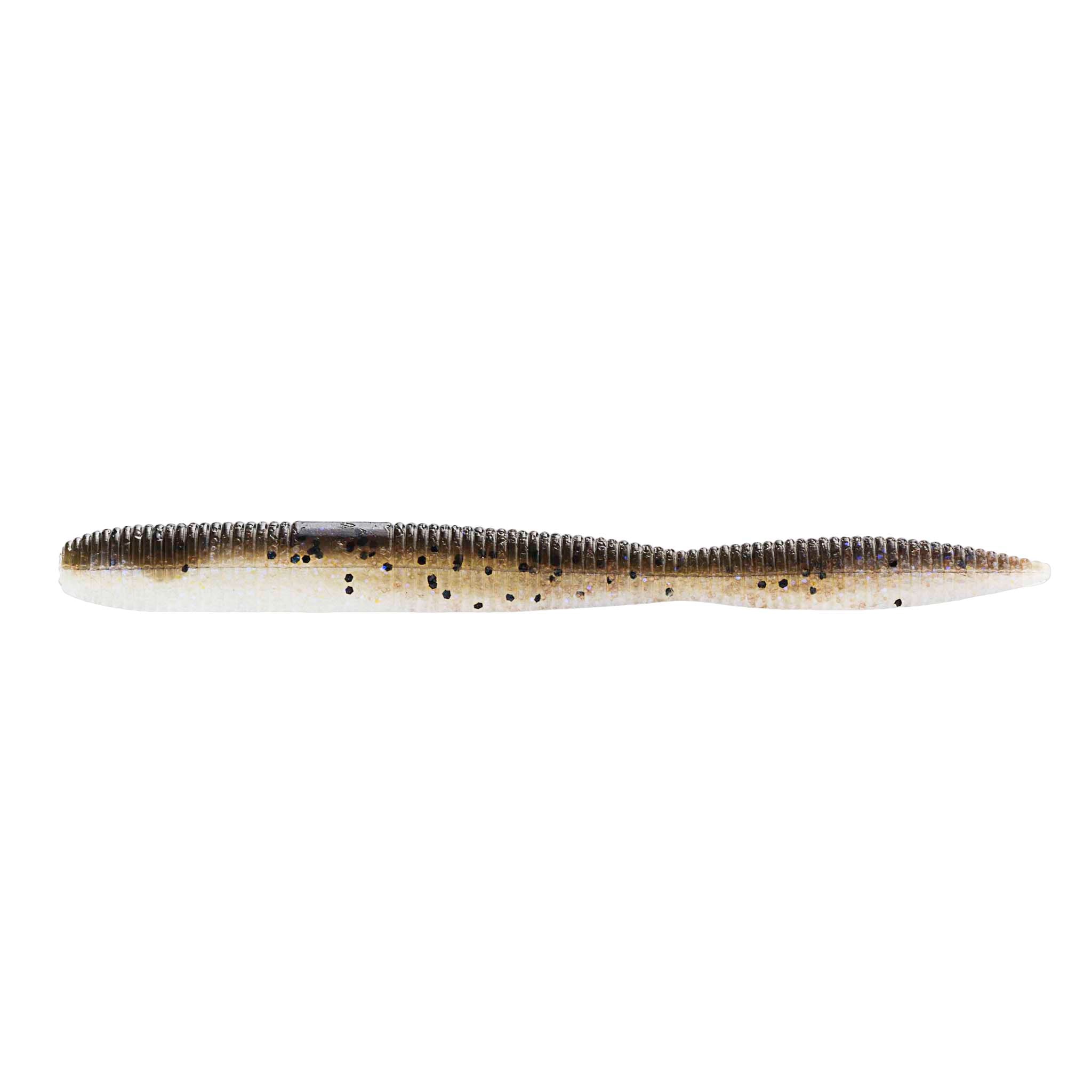 Soft plastic fishing lure in tan with dark dot and speckle accents