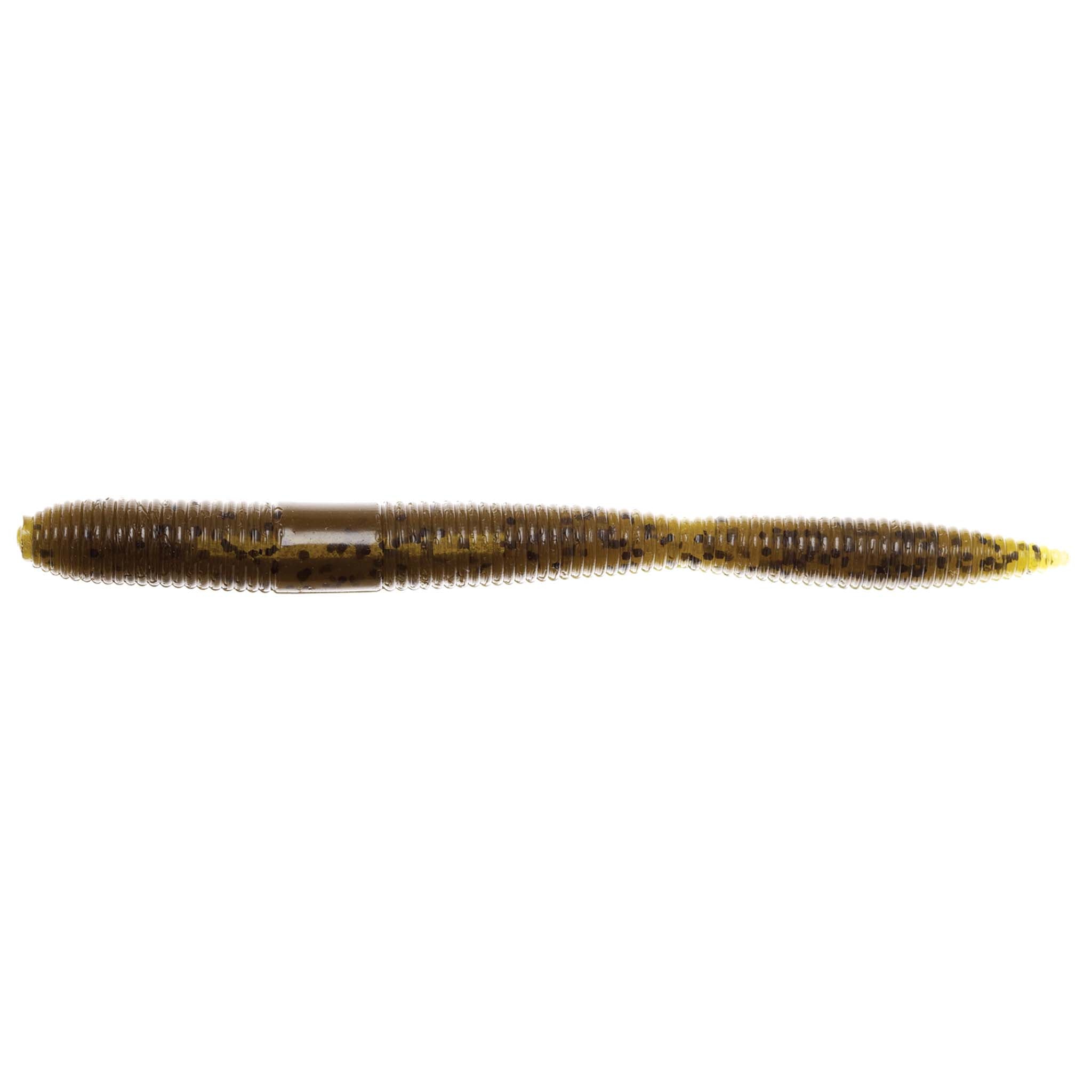 Brown-olive speckled soft plastic fishing lure, tapered body with narrow tail