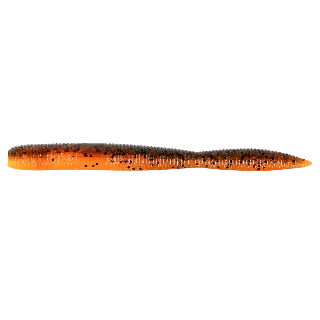 Orange soft plastic fishing lure with black speckles, tapered body and slim tail