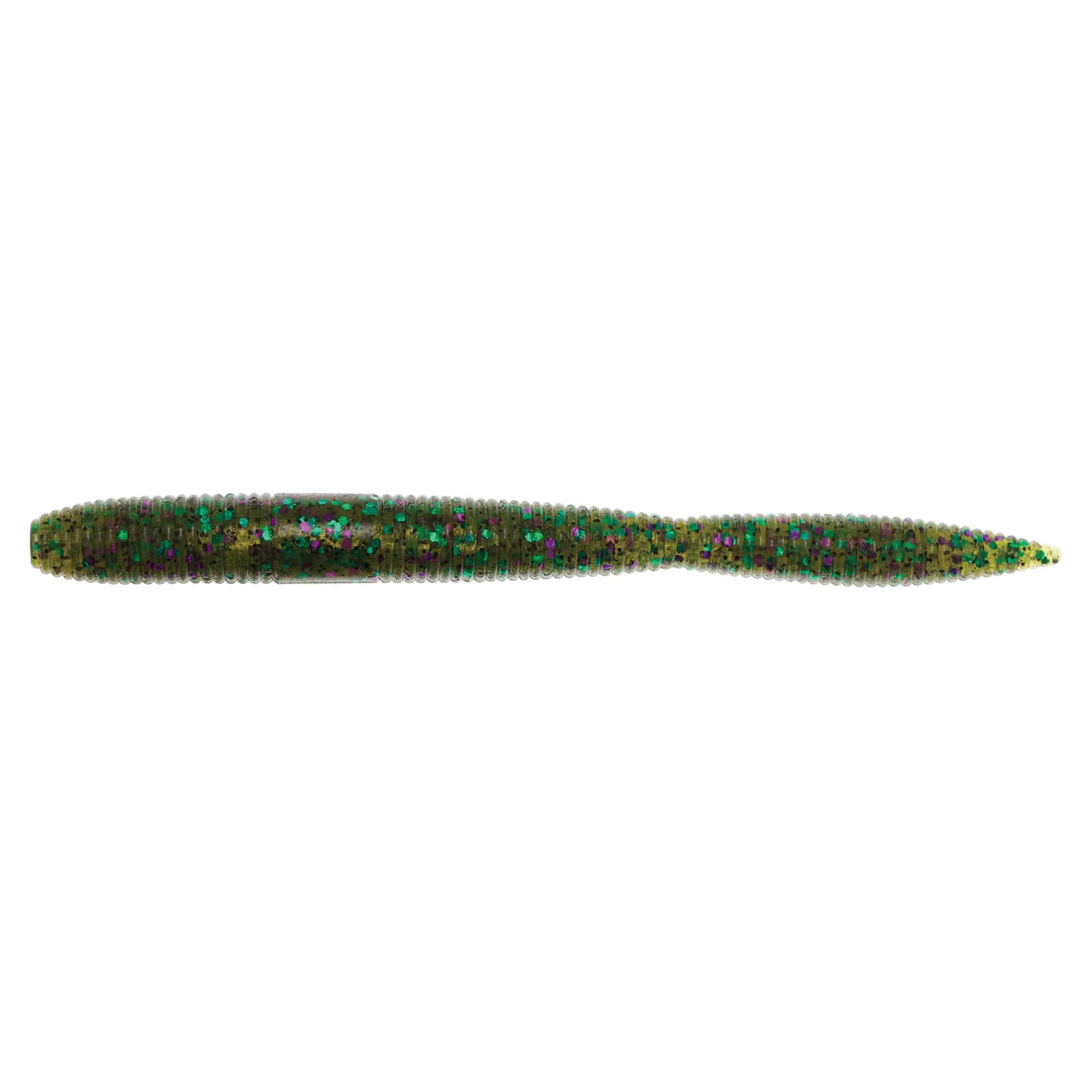 Soft plastic fishing lure in dark green with multicolor flecked speckles
