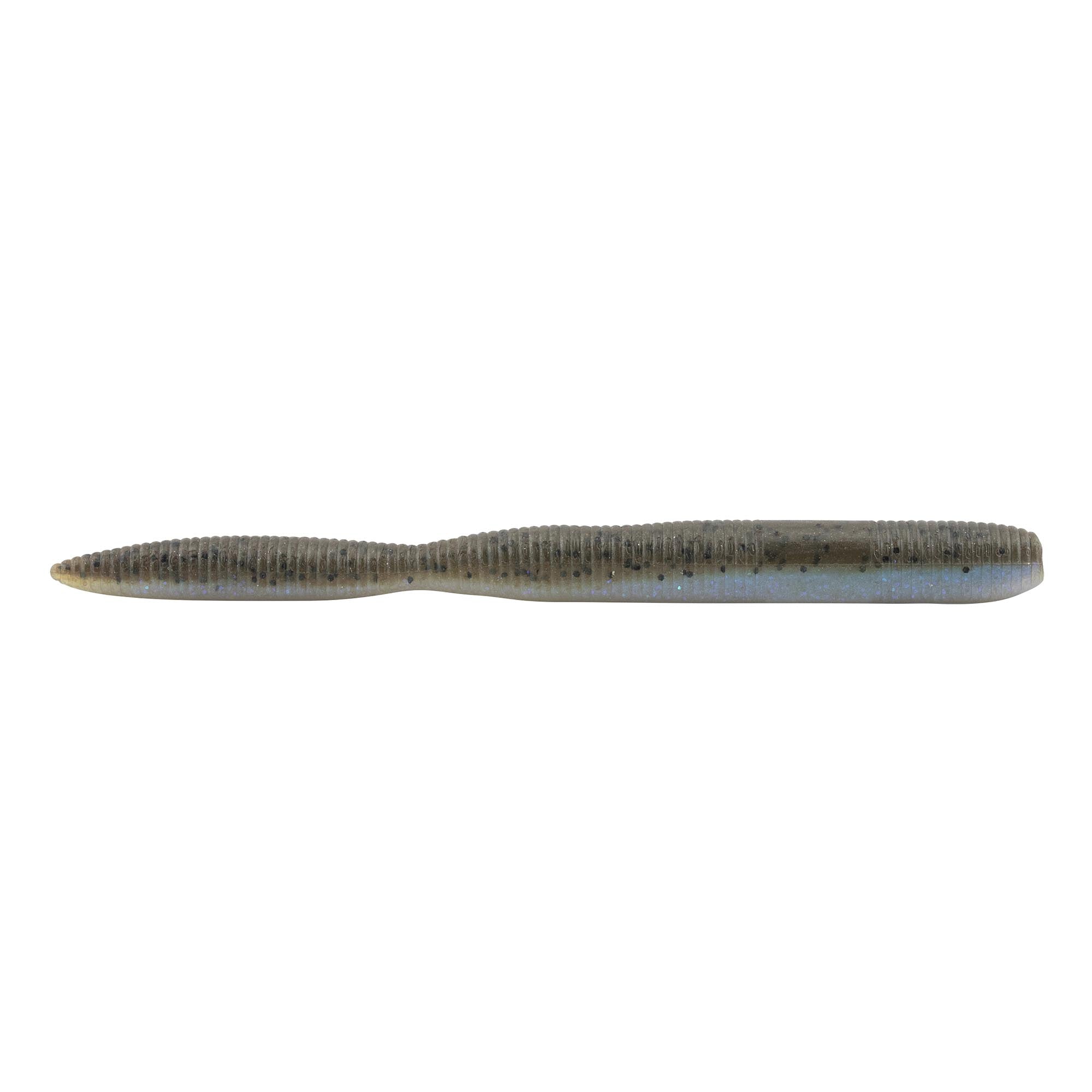 Thick 6-inch stick bait, olive-brown body with bluish clear belly