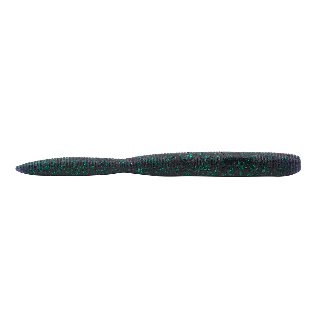 Thick 6-inch stick bait, deep green body with teal and blue speckles