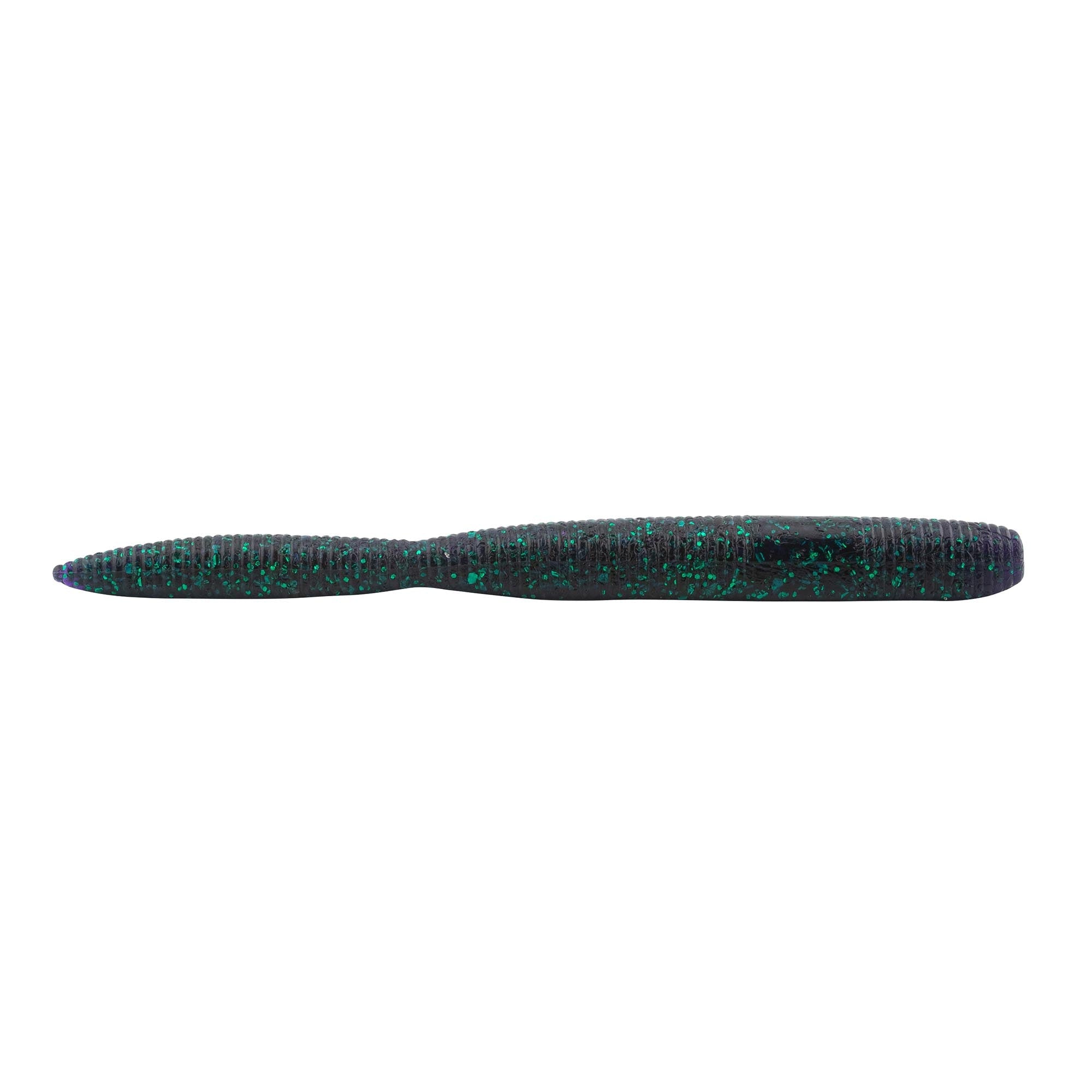 Thick 6-inch stick bait, deep green body with teal and blue speckles