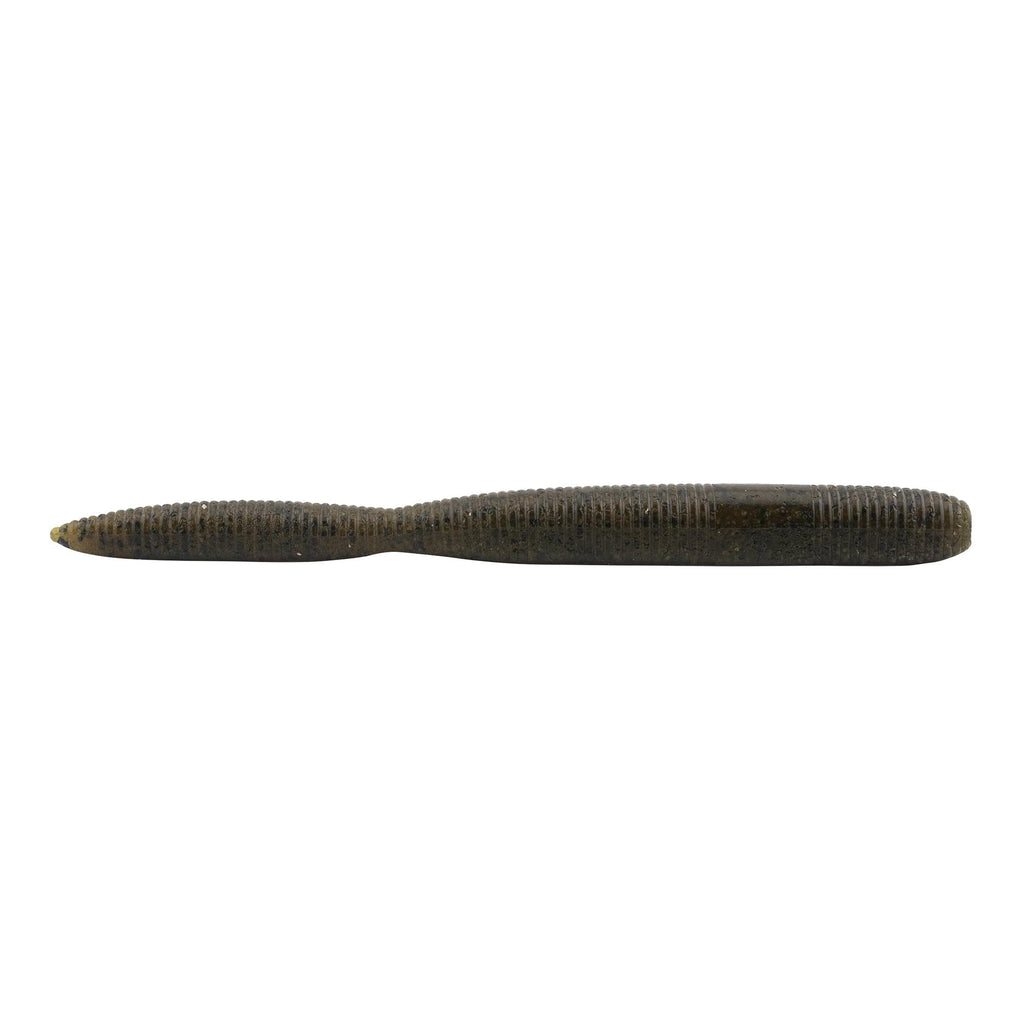 Thick 6-inch stick bait, olive-brown body with darker speckled pattern