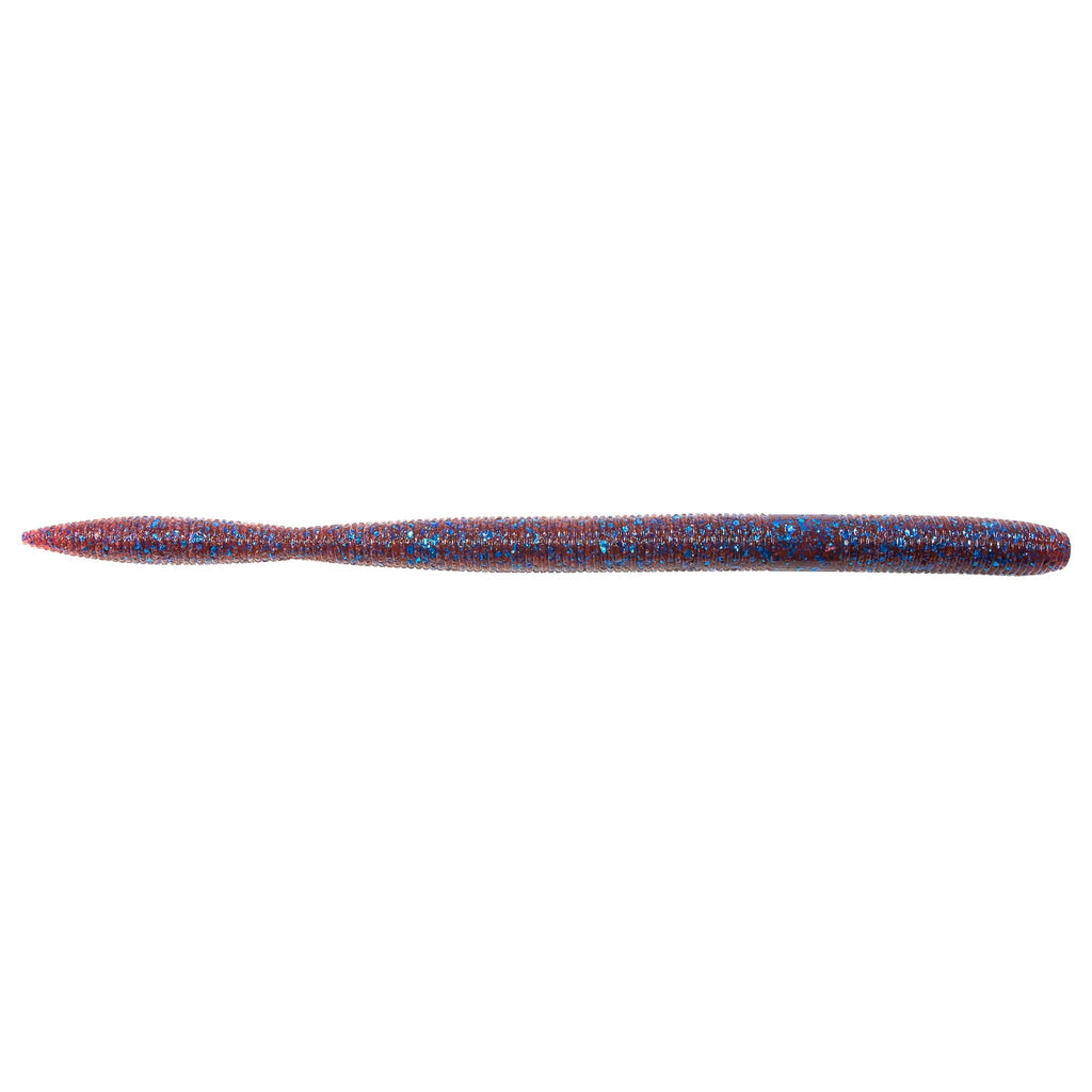 Speckled blue and red fishing lure with pointed nose, long cylindrical body