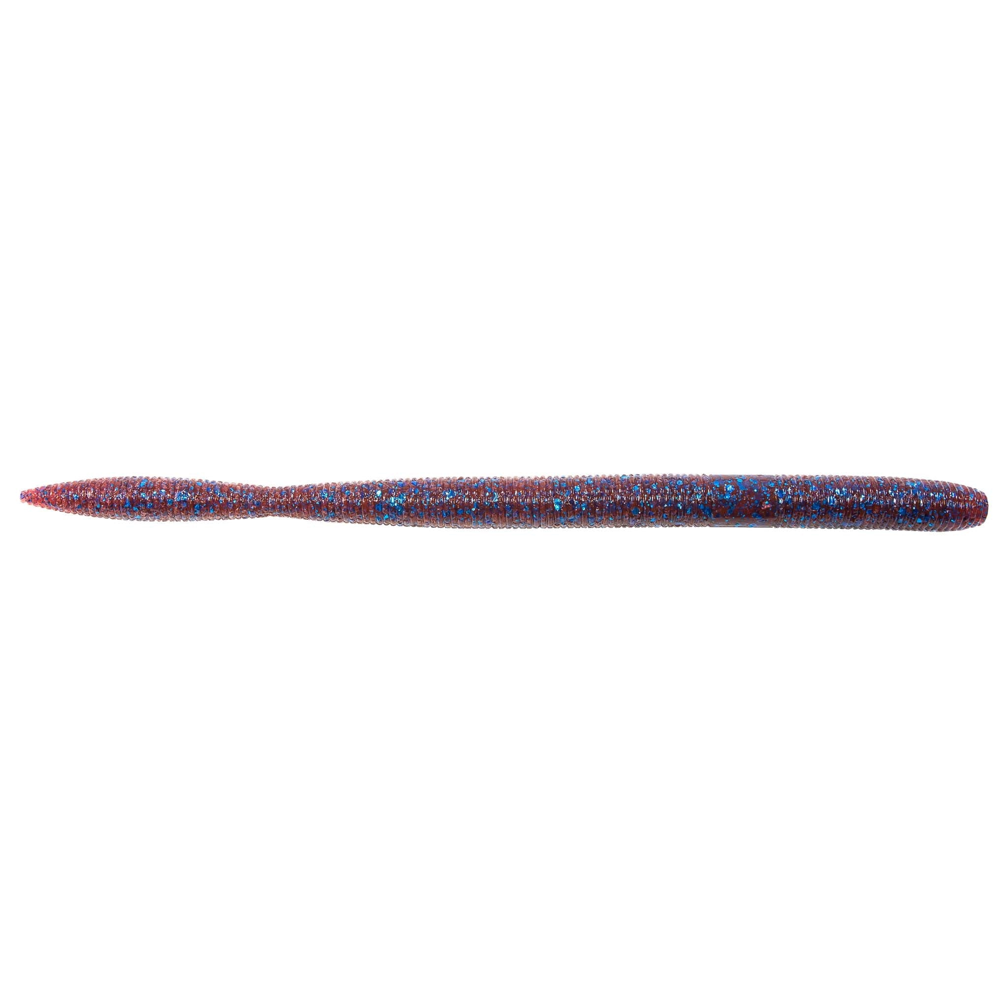 Speckled blue and red fishing lure with pointed nose, long cylindrical body