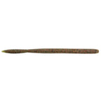 Speckled green and gold fishing lure with pointed nose, long cylindrical body
