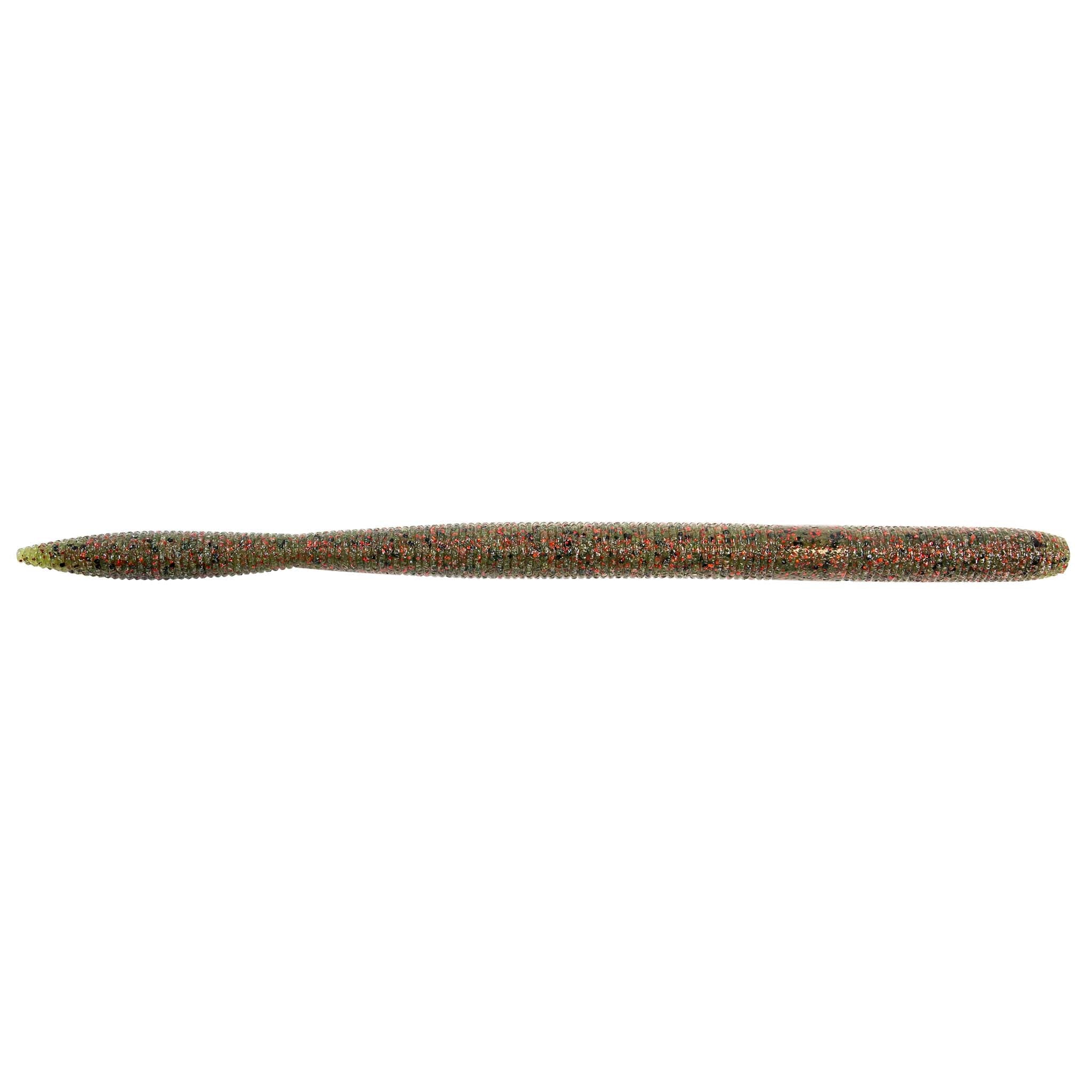 Speckled green and gold fishing lure with pointed nose, long cylindrical body