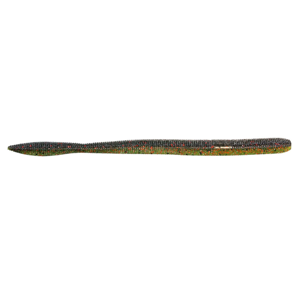 Speckled black and green fishing lure with pointed nose, long cylindrical body