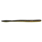 Speckled black and green fishing lure with pointed nose, long cylindrical body